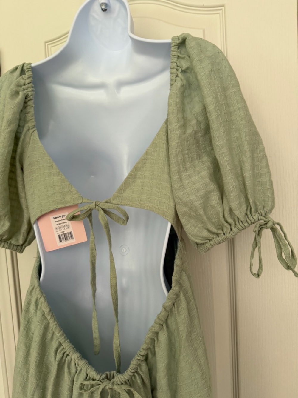 Showpo Dress Sage Green US 4 Cotton Gauze Puff Sleeve Open Back Midi Cottagecore - Picture 8 of 12